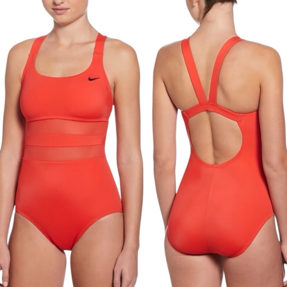Nike‎ Swim Solid Mesh V- Back One Piece Red Competition Swimwear Racing M
